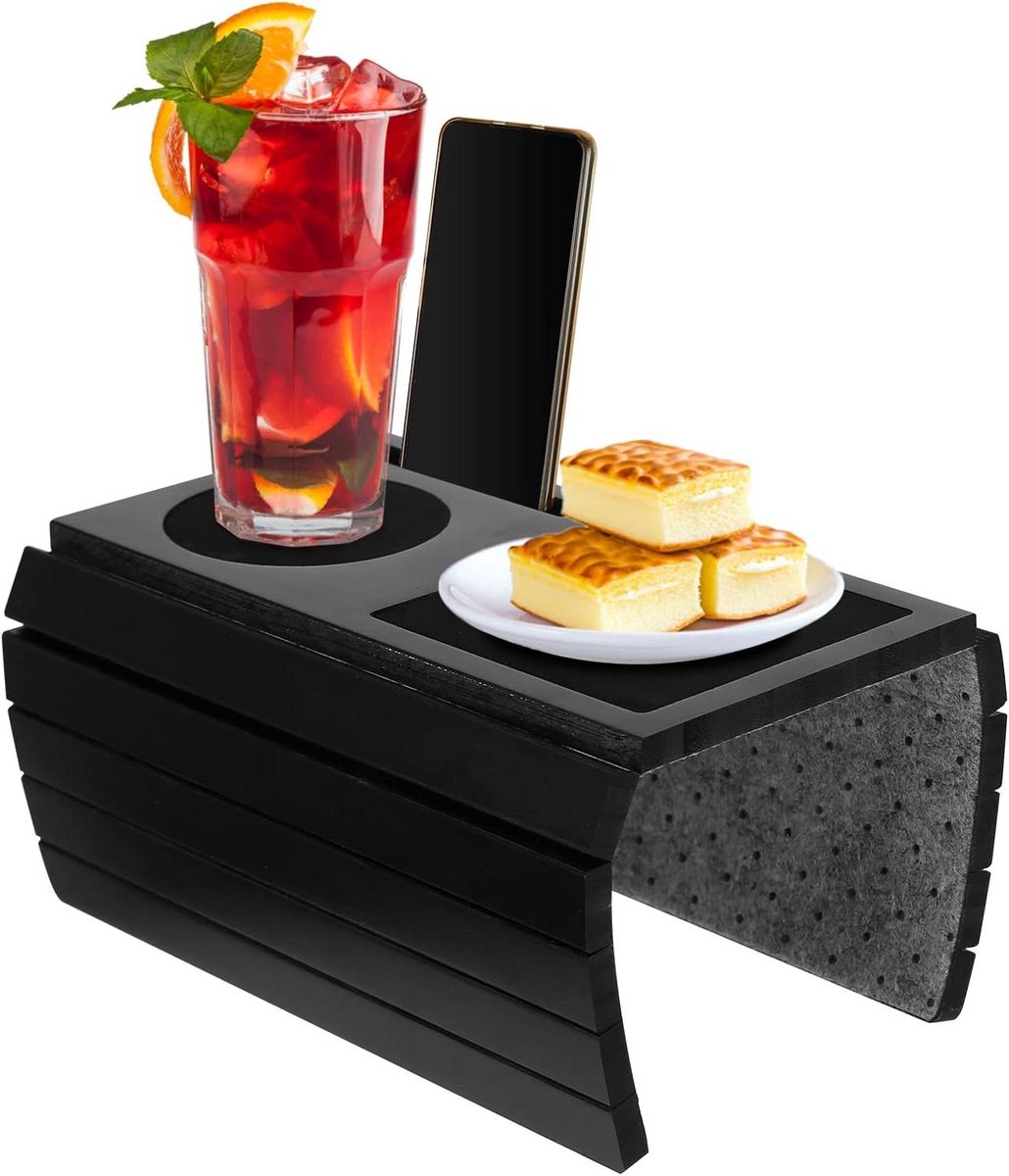 Bamboe armleuningtafel, antislip en flexibele armleuningbescherming, duurzame banktablet, elegant design, bankarmleuningblad voor dranken (Zwart Bamboe armleuningtafel, antislip en flexibele armleuningbescherming, duurzame banktablet, elegant design, bankarmleuningblad voor dranken (Zwart