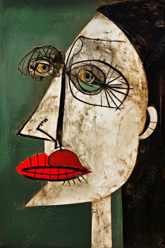 K&C Art (Canvas schilderij) 60x90cm | Vrouw in Picasso stijl - gezicht - portret - abstract - groen - rood - modern - kunst | Woonkamer - slaapkamer - hal - kantoor | Foto schilderij print op canvas - wanddecoratie - muurdecoratie - wall art