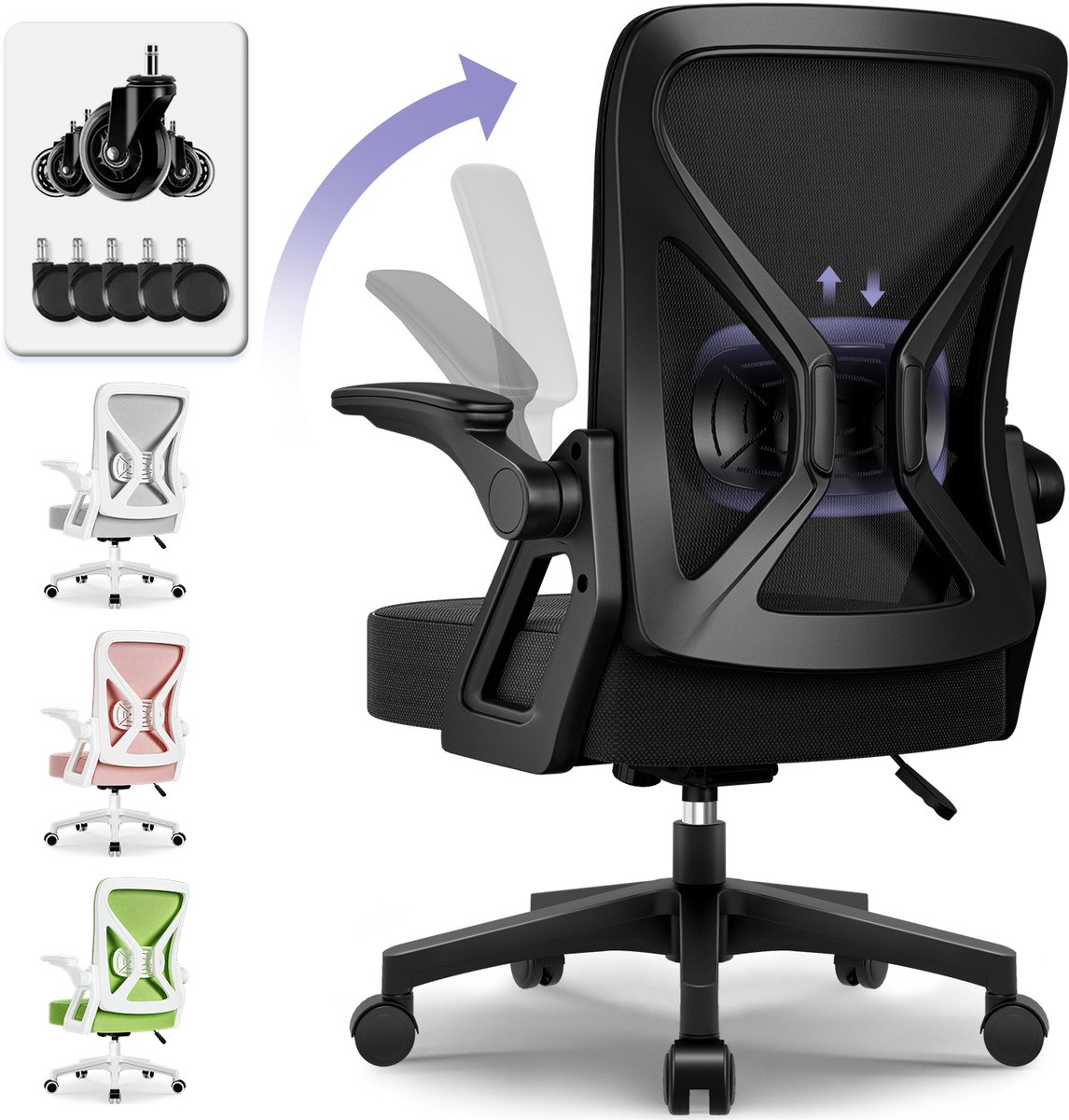 Hiaonyx Bureaustoel – Ergonomische bureaustoel met stille wielen – Bureaustoelen voor volwassenen – Opklapbare armleuningen – Lendensteun – Verdikt en verbreed zitkussen – Verhoogd ontwerp voor extra zithoogte - Hiaonyx - €99,99