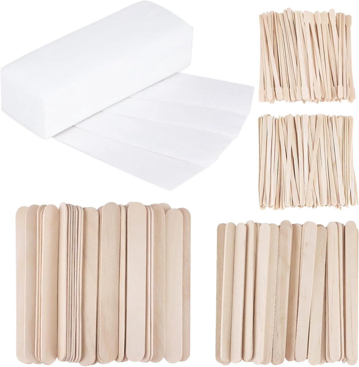 300 Waxstrips voor ontharing van gezicht en lichaam - 400 stuks incl. klein/middelgroot houten wax-sticks, wenkbrauwwaxspatel en 100 vliespapier waxstrips - voor vrouwen en mannen
