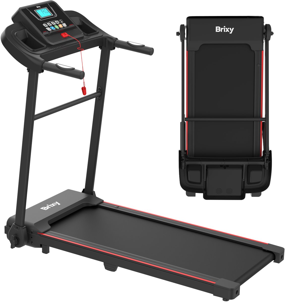 Brixy Loopband - Inklapbaar - t/m 14 km/u - 12 Programma’s - Incl. Tablethouder En Bidonhouder - LCD Kleurenscherm - Zwart