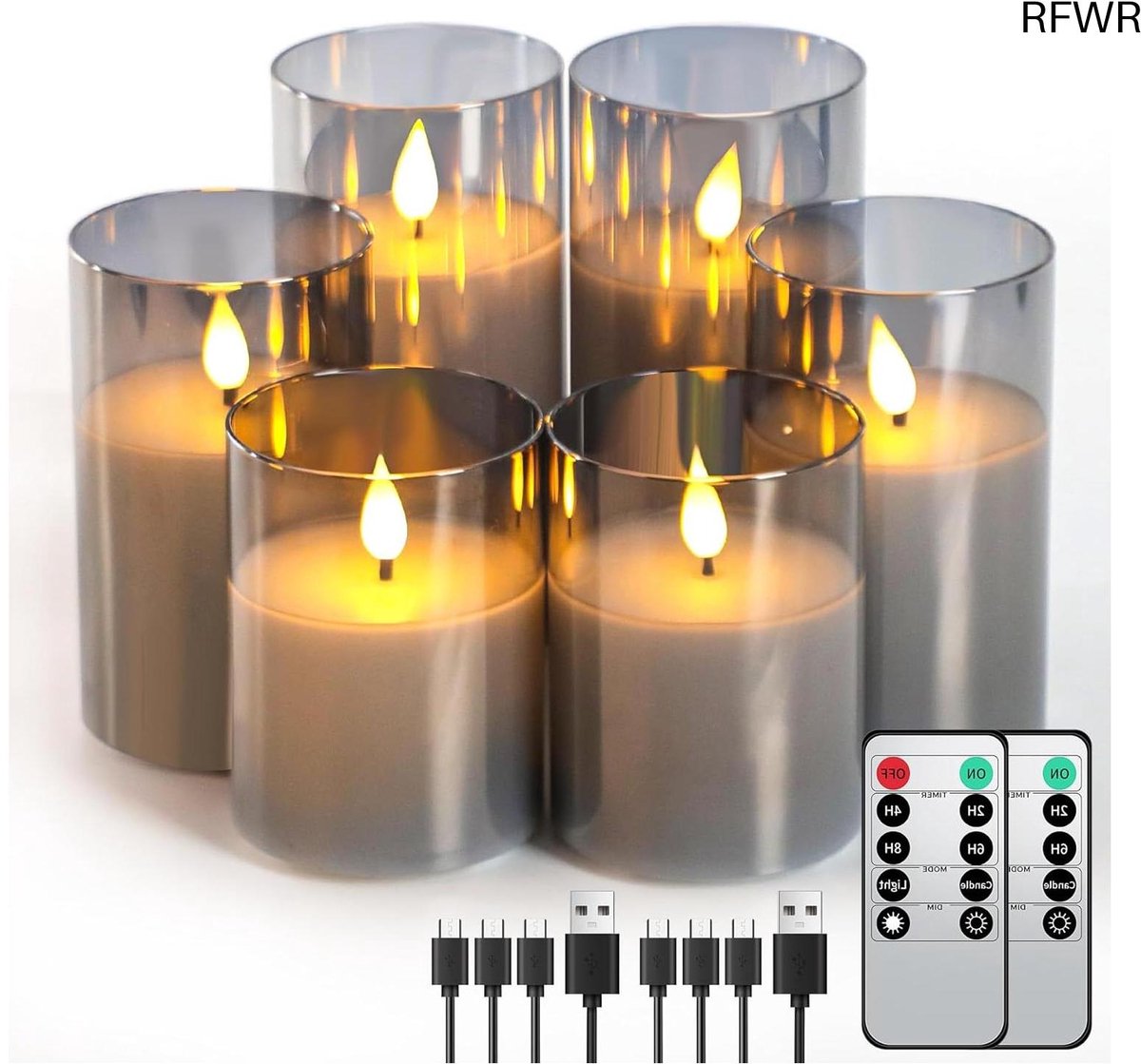 RFWR Set van 6 oplaadbare vlamloze LED-kaarsen met afstandsbediening - Dimbaar en waterdicht voor decoratie Grijs glas