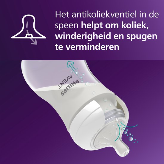 Philips Avent babyfles met antilekventiel in de speen, vermindert koliek en spugen.