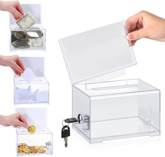 Acryldispenserbox, afsluitbaar, stembus transparant met sleutelslot, spaarpot, transparant, met insteekbord, voor stemmingen, wedstrijden, visitekaartjes