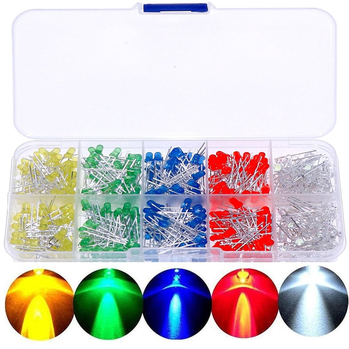 LED Diodes Kit: Helder Rood Geel Blauw Groen Wit Licht - Assortiment Set voor DIY Elektronica en Verlichting - Met Diodeweerstand - 200 Stuks