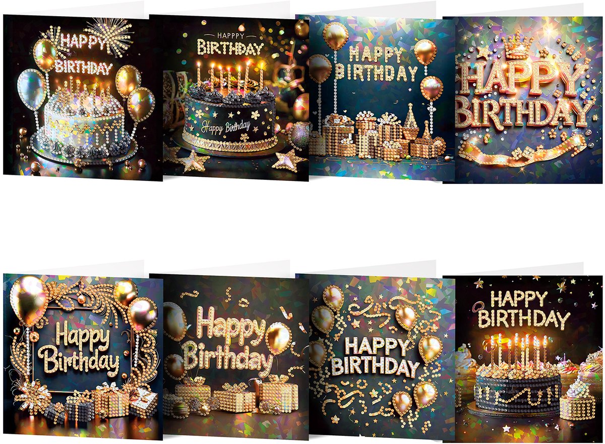 Adorzy Diamond Painting Kaarten – 8 Verjaardagskaarten met envelop - Diamond Painting Volwassenen – Diamond Painting Volledig Pakket