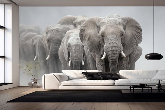 Naadloos behang Fotobehang - Majestic Elephant Herd in Motion - 250x300 centimeter
