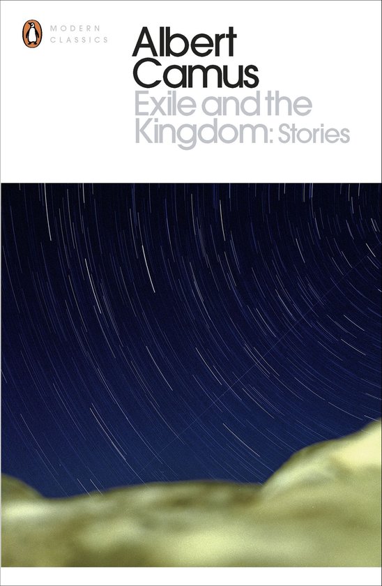 Boekomslag van Albert Camus' 'Exile and the Kingdom: Stories' met een sterrenhemel.