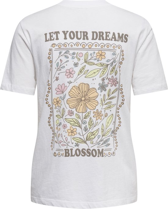 Wit t-shirt met bloemenprint en tekst 'LET YOUR DREAMS BLOSSOM' op de rug.