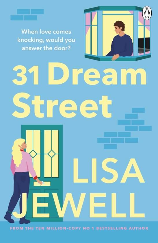 Boekcover met de titel '31 Dream Street' van Lisa Jewell. Een blondine staat voor een turquoise deur, een man kijkt uit een raam.