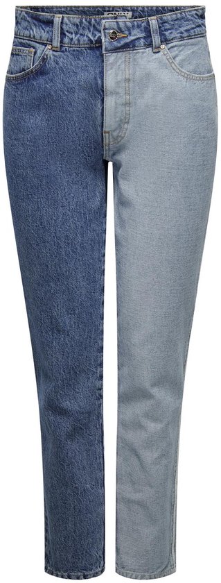 Jeans met hoge taille, tweekleurig ontwerp in licht- en donkerblauw.