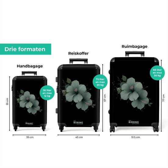 NoBoringSuitcases.com® - Grande valise - Valise de voyage légère - Fond noir avec fleur d'hibiscus verte - Trolley 4 roues - Grand trolley XL - 98 litres de bagages
