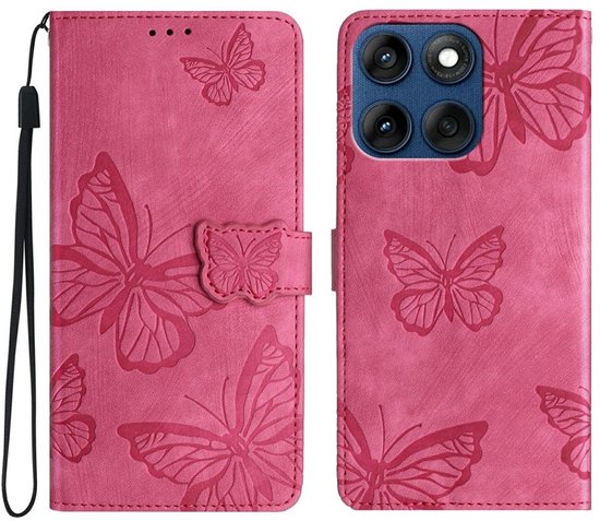 Roze telefoonhoes met vlinderreliëf. De hoes is opengeklapt en toont de binnenkant met kaartsleuven en de telefoon.