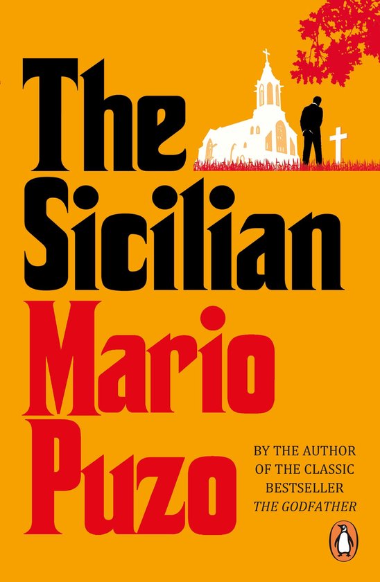 Livre "The Sicilian" de Mario Puzo. Couverture orange avec lettrage noir et rouge. Église et silhouette d'homme en haut à droite.