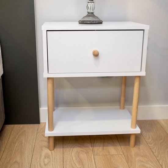Else rond houten nachtkastje met lade wit