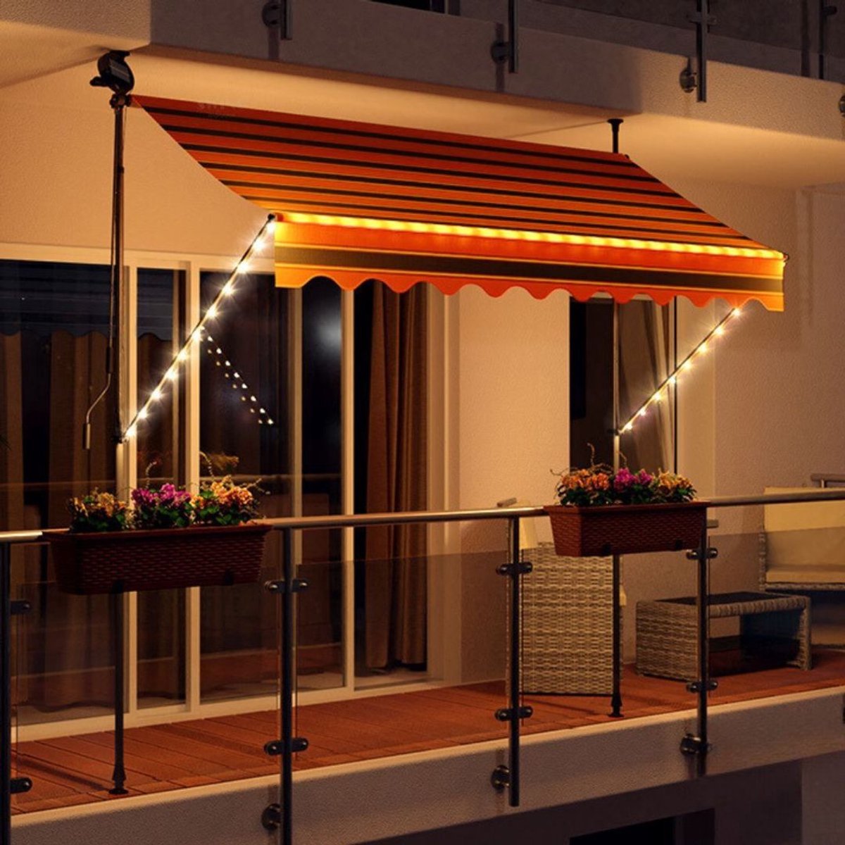 Yolo-deals - Klemluifel met LED verlichting - Solar - 250cm - UV bestendig - Zwart/Oranje Horizontaal