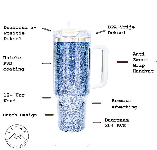 Gobelet LYKKE® 3 couches (Unique) avec couvercle à 3 positions 40 oz 1,2 L | Paille et poignée intégrées | Porte-gobelet de voyage | Tasse isotherme en acier inoxydable | Sans BPA | (Marbre gris Massief )