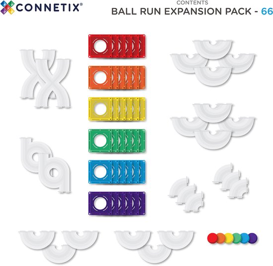 Inhoud van het Connetix Ball Run Expansion Pack: regenboogkleurige tegels en witte buisvormen.
