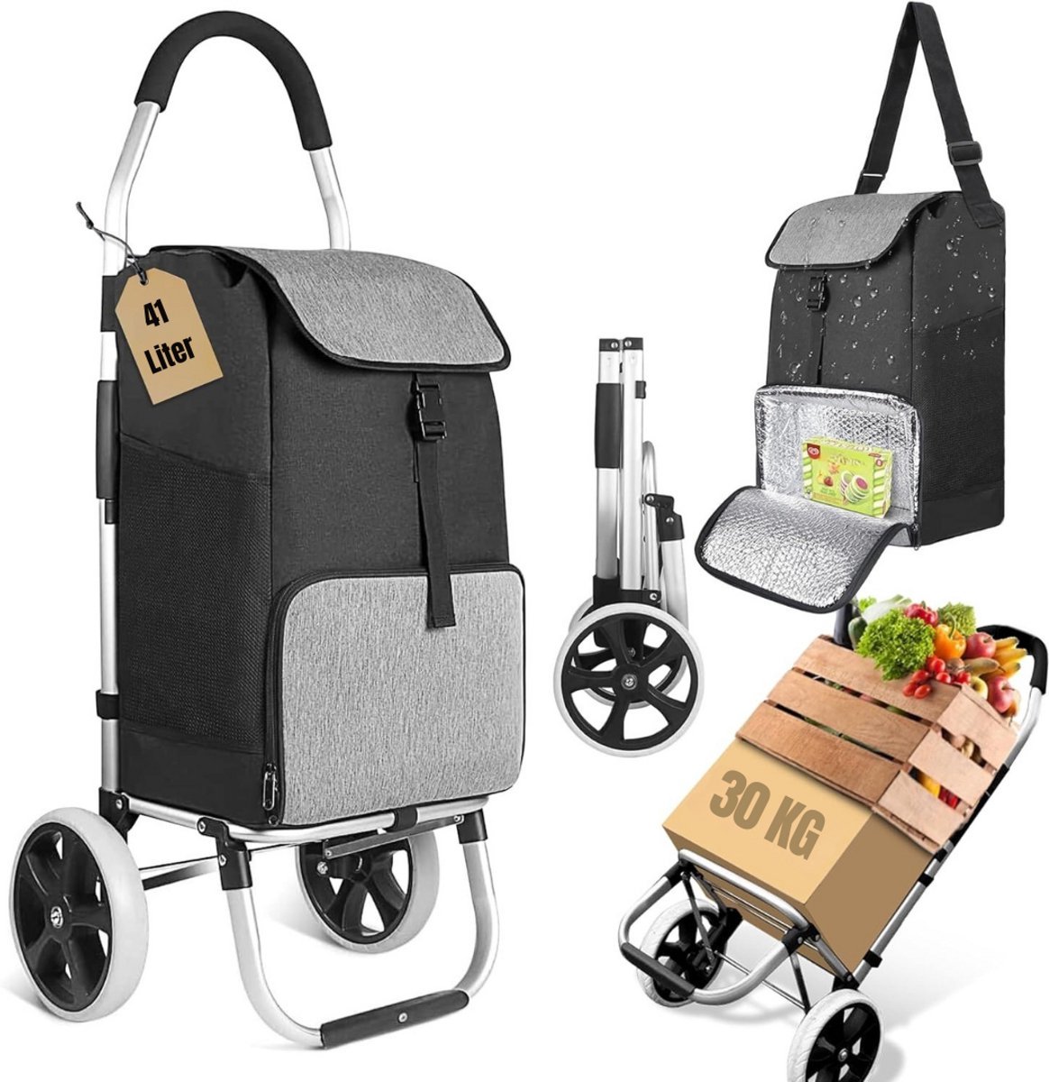 Thuys – Boodschappentrolley Met Koelvak – Boodschappenwagen – 24cm x 45cm x 103cm – Grijs