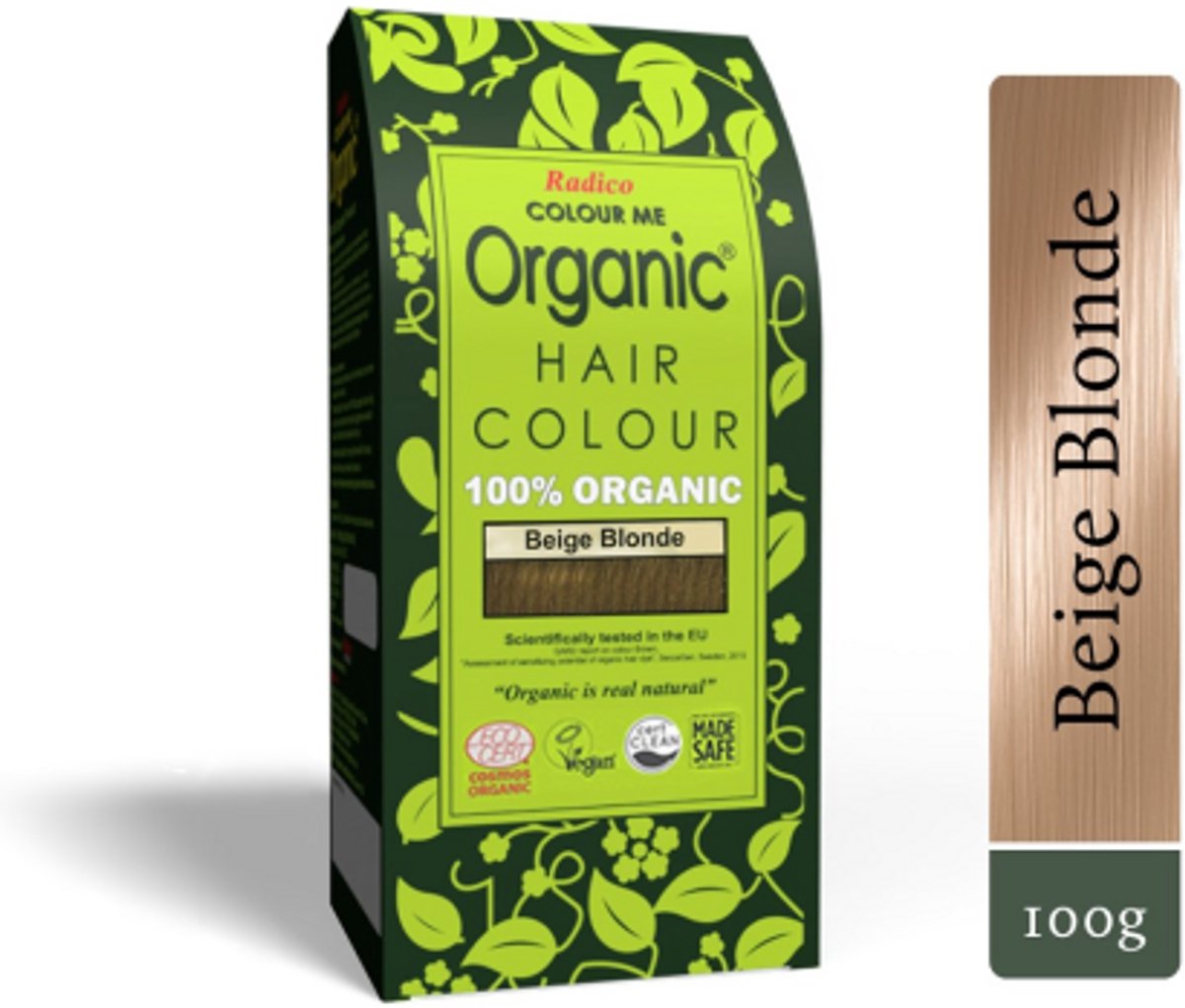 Radico COLOUR ME ORGANIC Beige Blonde 100% Natuurlijke BIO ORGANIC 9-Kruiden Henna Haarverf Zonder Ammoniak PPD PTD met ECOCERT, HALAL, VEGAN 100g