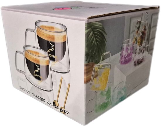 Verpakking met afbeeldingen van dubbelwandige koffieglazen, lepels, planten en andere glazen.