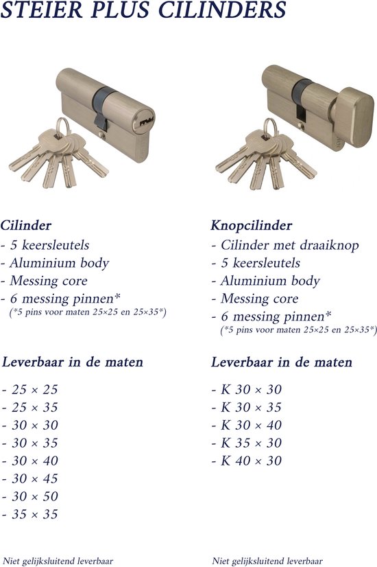 Twee Steier Plus cilinders met sleutels. Cilinder met draaiknop en 5 keersleutels. Cilinder met 6 keersleutels.