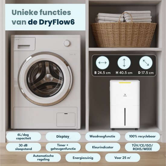 Vibrix DryFlow6 Luchtontvochtiger – 6L per dag – Wasdroogfunctie – Stil & Energiezuinig – Ontvochtiger voor Badkamer, Kelder, Zolder & Slaapkamer – Slimme Dehumidifier