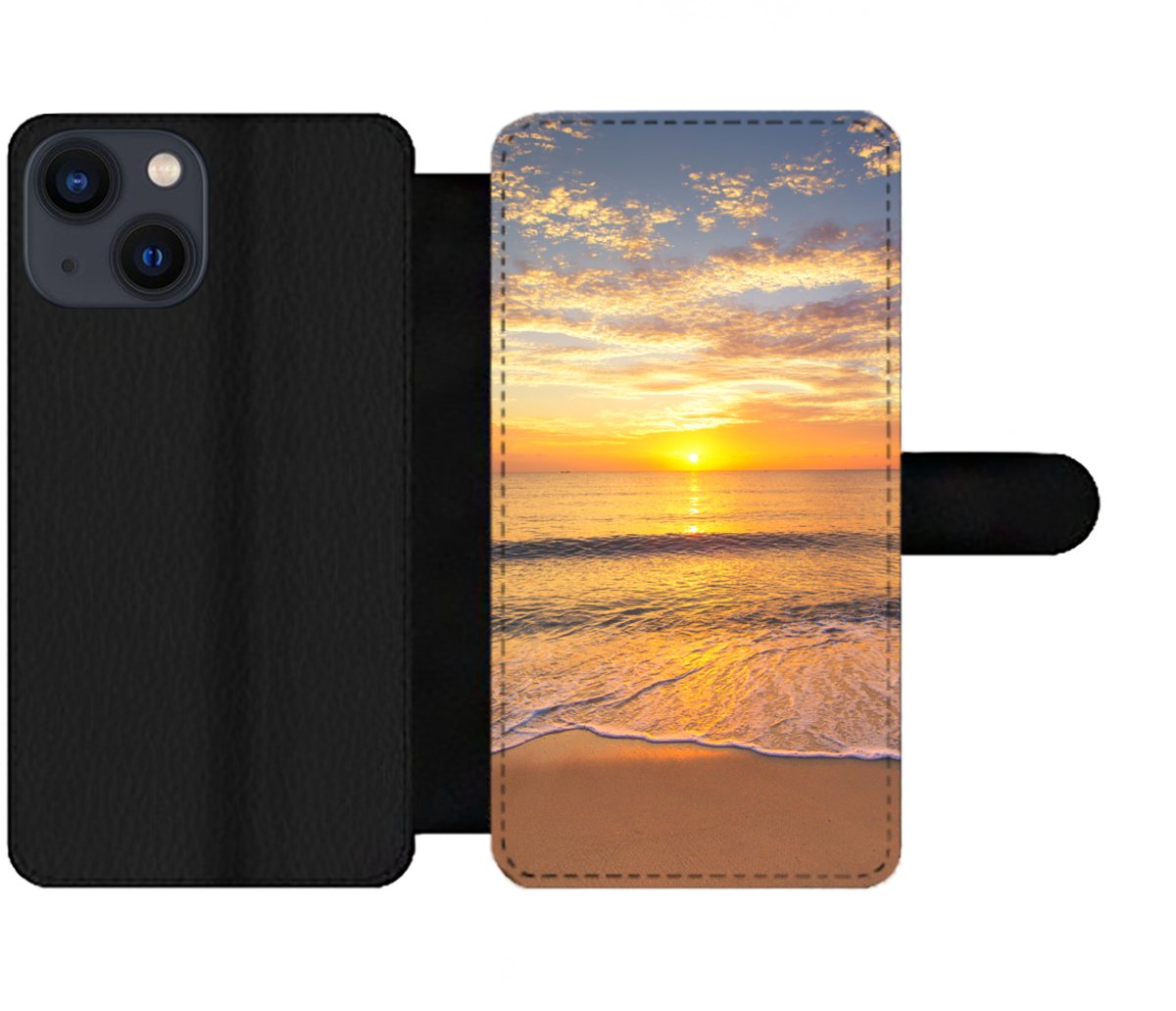 Telefoonhoesje Geschikt voor iPhone 13 Mini telefoonhoesje - Strand - Zonsondergang - Zee - Met vakjes - Wallet case met magneetsluiting