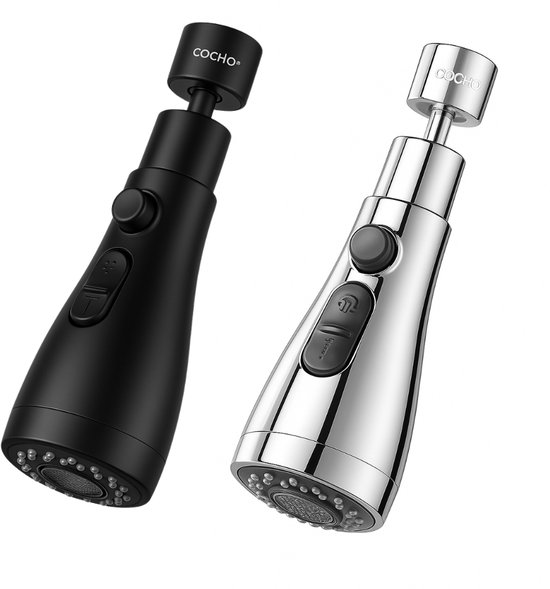 Aérateur de robinet 3 en 1 COCHO – Set de 2 (Zwart et Argent) – Buses de pulvérisation rotatives à 360° – Anti-obstruction – Installation facile