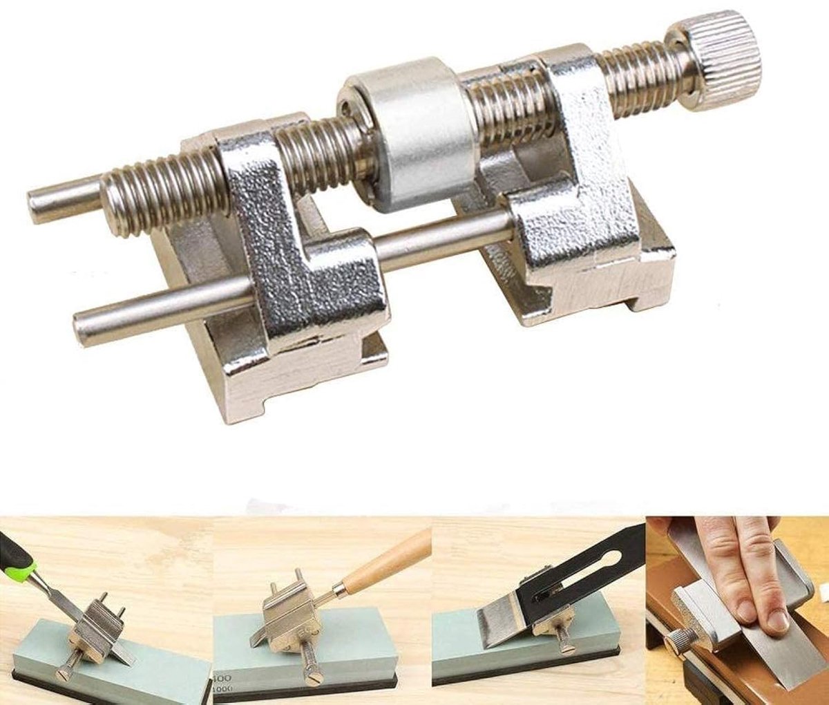 Edge slijpgids met verstelbare hoek en messing/RVS rollers voor nauwkeurig slijpen van houtbeitels, vlakbeitels en graveermessen, 82x55x40 mm, zilver van kleur