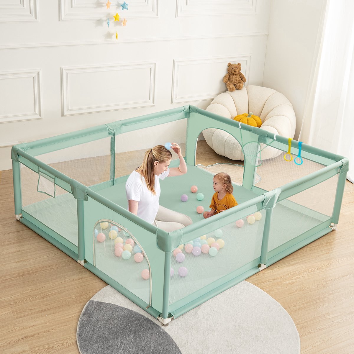 Grondbox Baby - 160x200x66cm - Groen - met Basketbalkorf en Oceaanballen - Speelbox - Kruipbox - Kinderbox - Playpen
