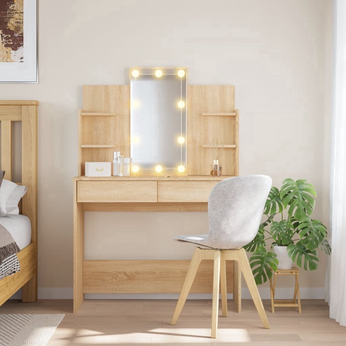 GranMaison Kaptafel met spiegel en verlichting - Make up tafel - Make up - Toilettafel - Met lades - Eiken Sonoma Eiken