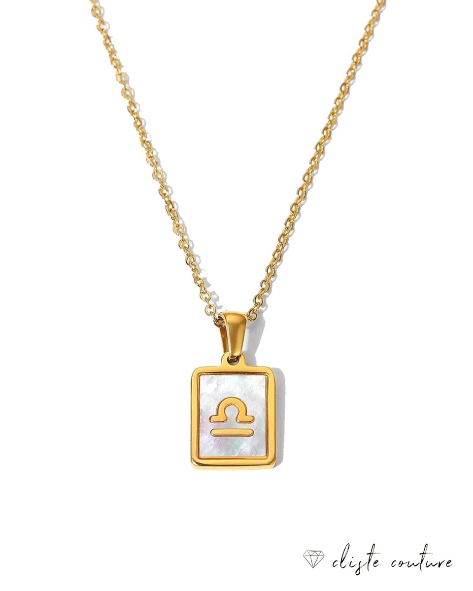 Cliste Couture - Stars Sterrenbeeld Ketting met Schelp Weegschaal / Libra - Stainless Steel met Goud Verguld - 45cm Ketting met Zodiac Hanger - Inclusief Cadeau Verpakking