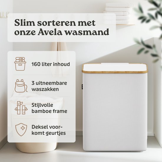 Panier à linge Avela 3 compartiments - 160 L - Wit - Panier à linge avec couvercle - Trieur de linge