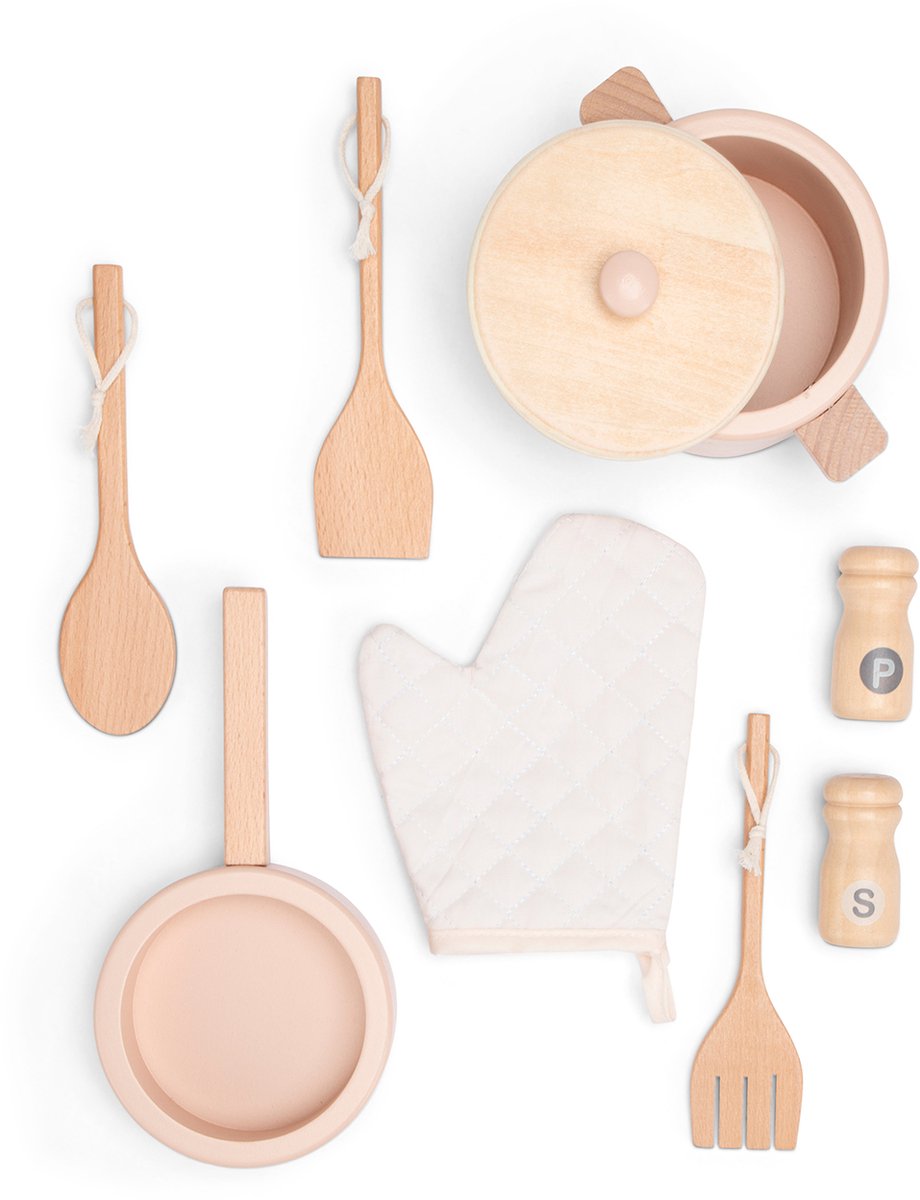 Woet® Houten Speelgoed Kinderkeuken - Speelkeukentje met Rotan Details en Gouden Kraan - Speelkeuken Roze met Diverse Accessoires - Werkbladhoogte 55 cm - Rollenspel - Vanaf 3 Jaar — afbeelding 6