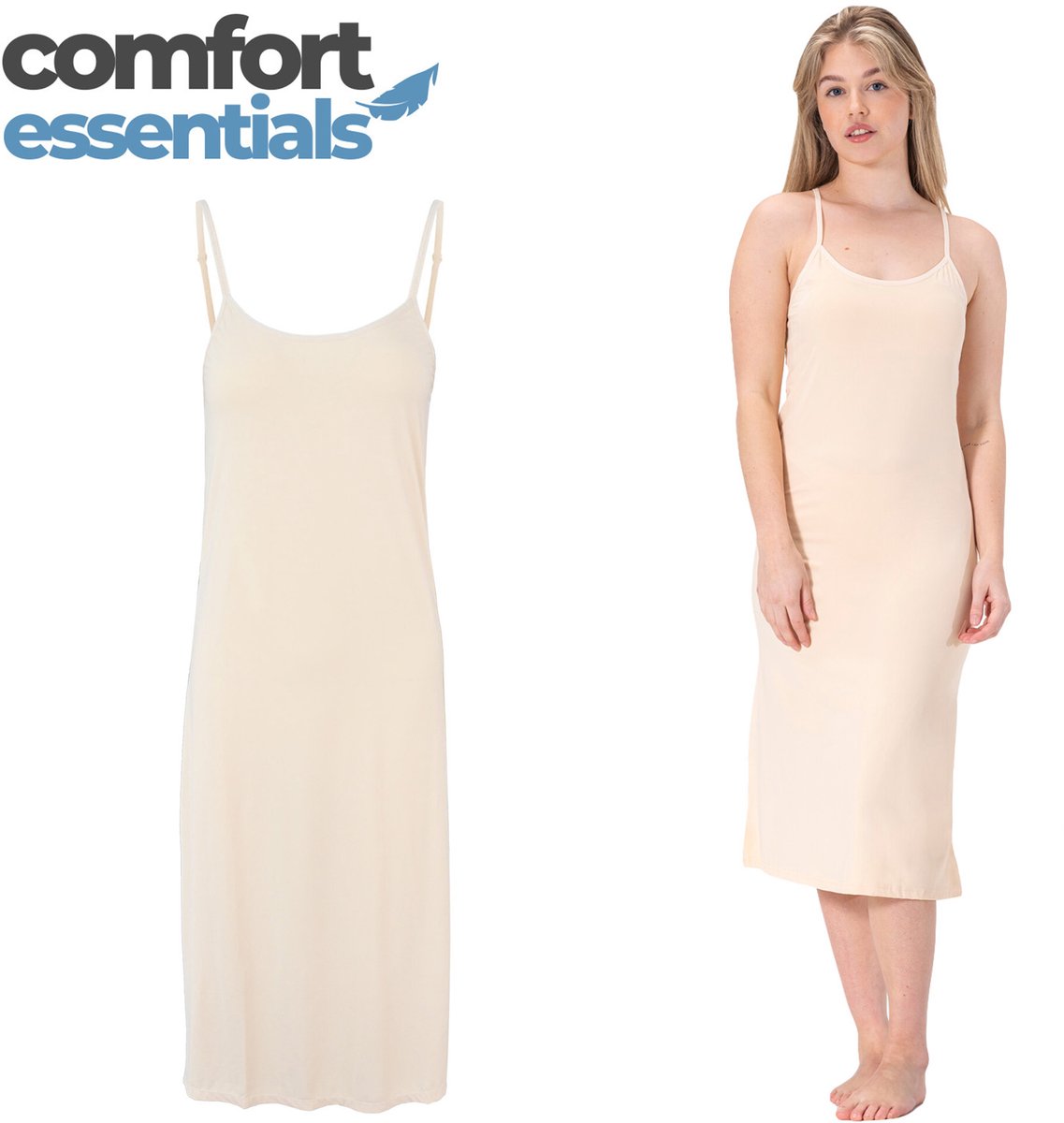 Comfort Essentials - Lange Onderjurk Dames - Onderjurk Beige Nude - XXL/XXXL - EU 44-46 - Onderjurk Lang - Spaghetti Bandjes - Nachthemd - Nachtjapon - Anti-statisch