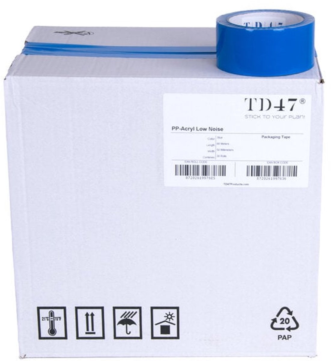 TD47 Verpakkingstape PP low noise 50mm x 66m Blauw (Doos 36 Rollen)