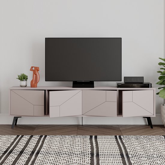 Meuble TV moderne HOCUS PICUS à 4 Portes – Grand meuble TV avec rangement – ​​Buffet TV en bois pour salon, chambre, bureau ou salle de séjour – 180 x 29,6 x 50 cm – Moka clair