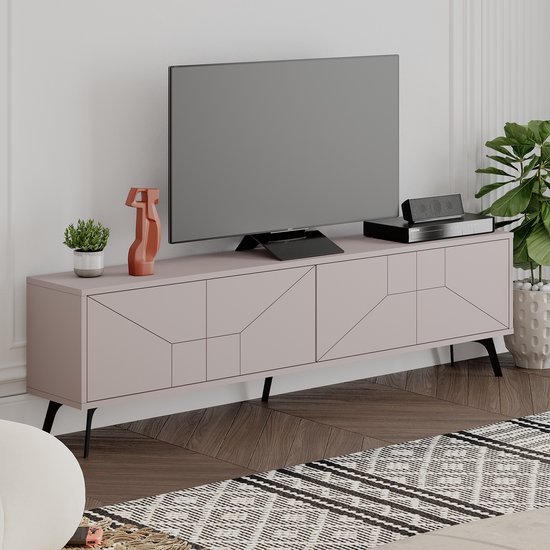 Meuble TV moderne HOCUS PICUS à 4 Portes – Grand meuble TV avec rangement – ​​Buffet TV en bois pour salon, chambre, bureau ou salle de séjour – 180 x 29,6 x 50 cm – Moka clair