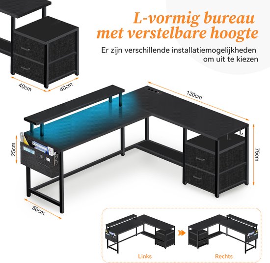Afmetingen en configuratie-opties voor een zwart L-vormig bureau met opbergkast en zijvakken.