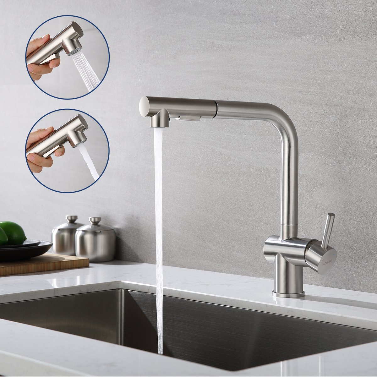 Lonheo max Keuken Kraan Chroom - Keukenkraan met Uittrekbare Uitloop - Met uittrekbare handdouche - 2 straalsoorten - 360° Draaibaar - RVS