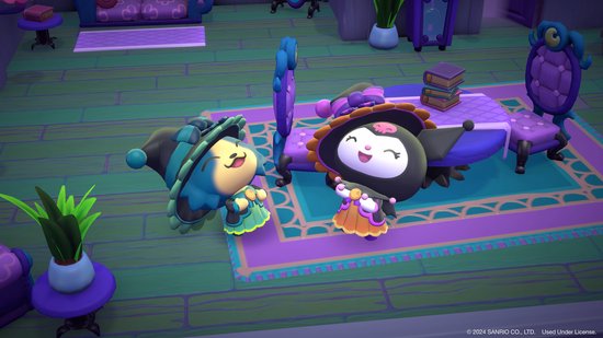 Twee Sanrio-personages, Keroppi en Kuromi, in heksenkostuums, in een kamer met paarse meubels.