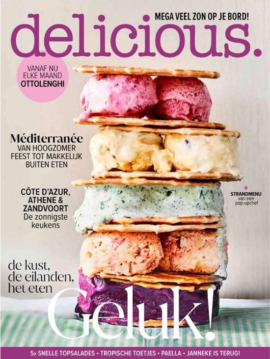 Een stapel ijshoorntjes met ijs in verschillende kleuren en smaken, met de titel 'delicious.' erboven.
