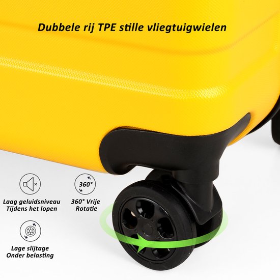 Gedetailleerde opname van de dubbele, stille wielen van een gele koffer, met tekst over rotatie en slijtage.