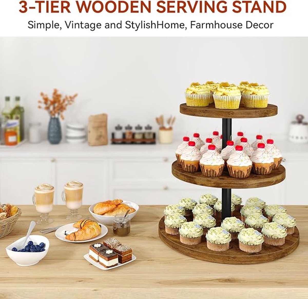 Cupcake-standaard, keramiek, taartstandaard met 3-laags, ingelegde
