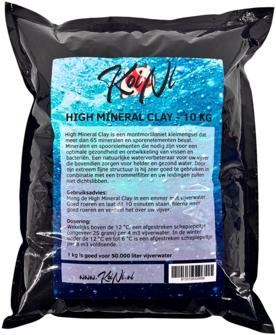 Zwarte zak met 'High Mineral Clay' logo en 10 KG aanduiding. Bevat montmorilloniet klei voor vijvers.