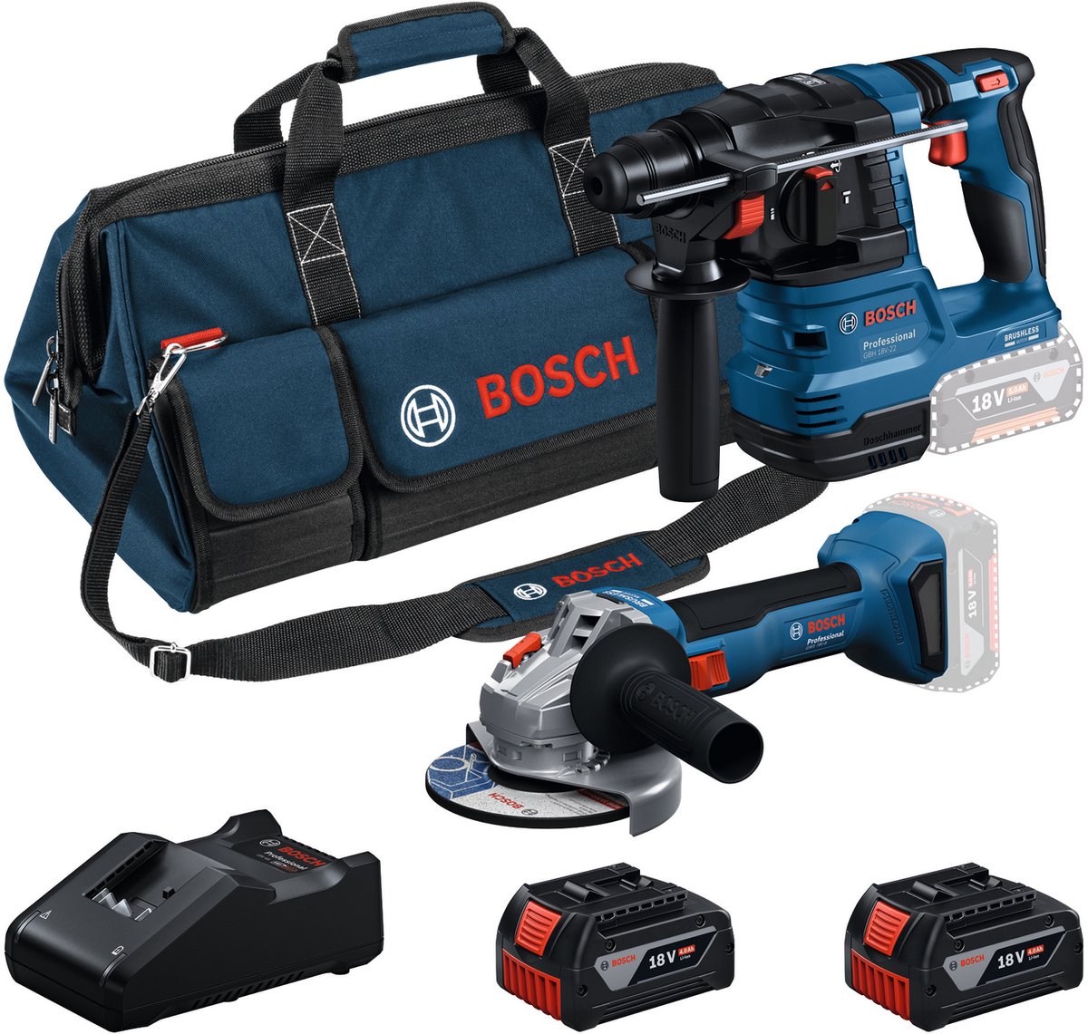 Bosch Professional 18V Toolkit - Combiset - GWS 18V-8 + GBH 18V-22 + 2x GBA 18V 4.0 Ah + GAL 18V-40 lader