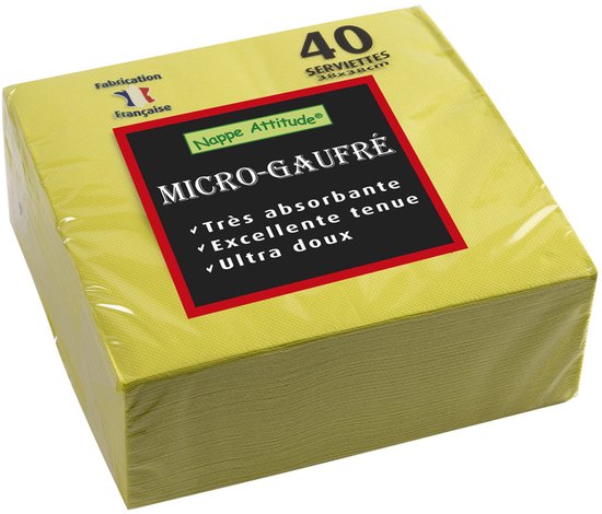 40 serviettes micro-gaufrées jaune clair, 38x38cm, Fabrication Française