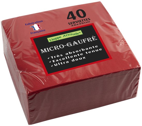 40 serviettes micro-gaufrées rouges, 38x38cm, Fabrication Française