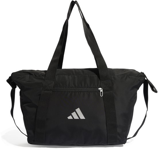 Zwarte sporttas met ritsvak op de voorkant en Adidas logo.